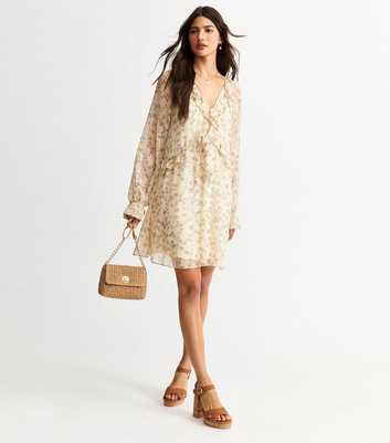 Cream Floral Print Frilly Trim Chiffon Mini Dress