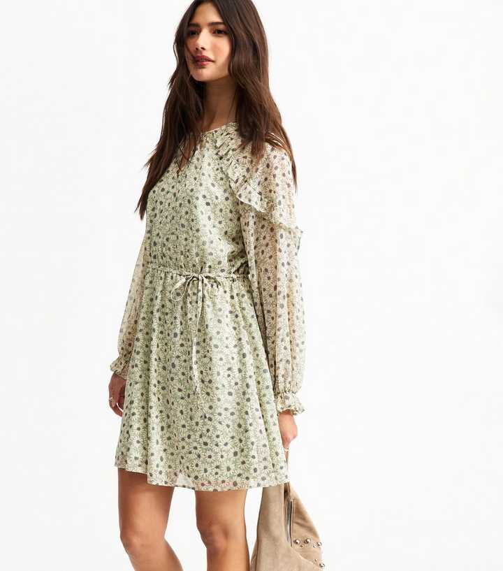Green Floral Print Chiffon Mini Dress