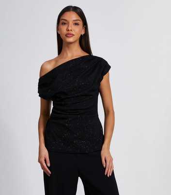 QUIZ Black Sparkle Drape Off Shoulder Top