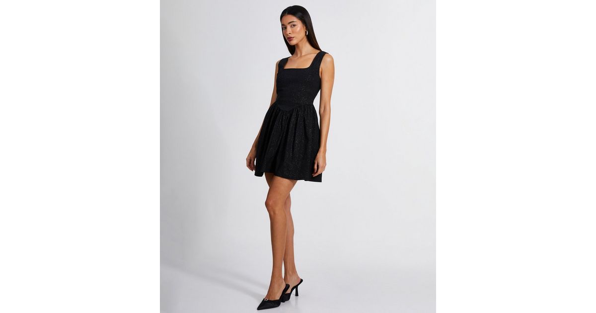 QUIZ Black Sparkle Skater Mini Dress New Look