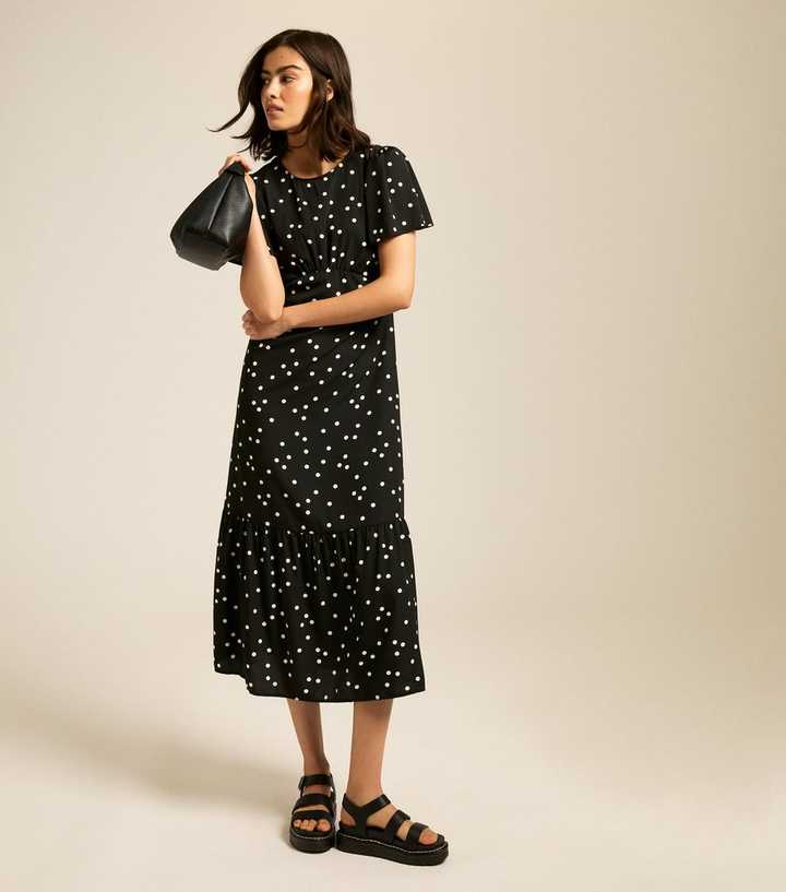 Black Spot Print Frill Sleeve Midi Dress