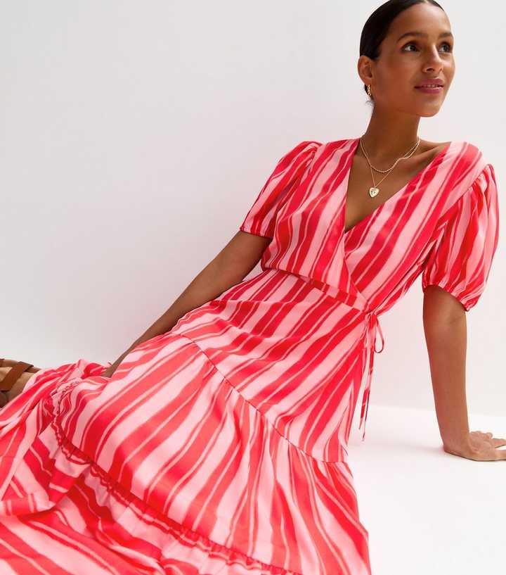 Pink Striped Wrap Midi Dress