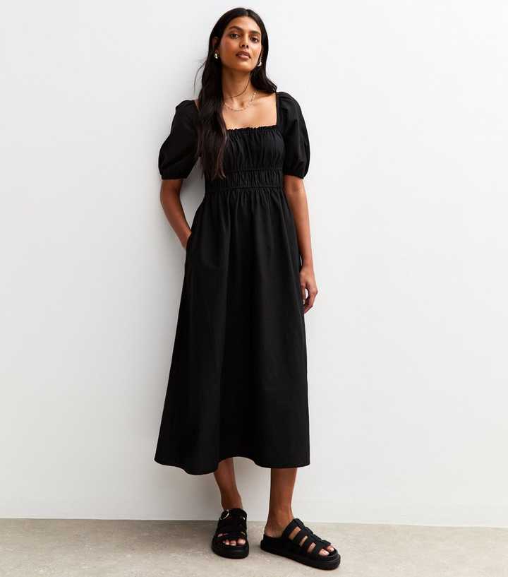 Black Puff Sleeve Midi Dress