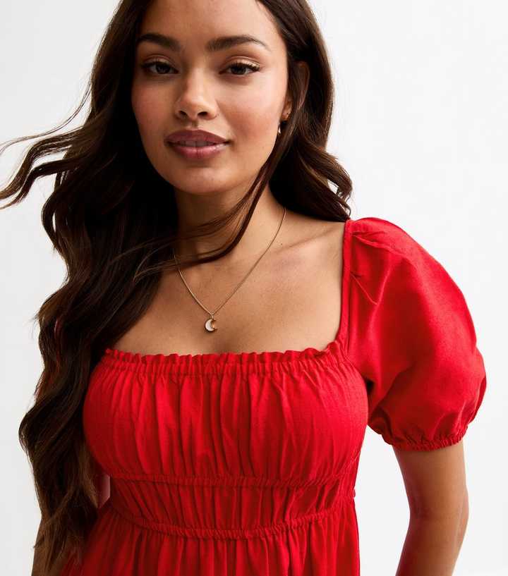 Petite Bright Red Milkmaid Puff Sleeve Midi Dress