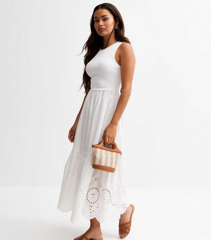 Petite White Embroidered Hem Midi Dress