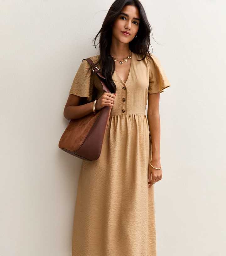 flutter sleeve linen button front midi dress Rene Flutter-Sleeve Linen Button-Front Midi Dress by Anthropologie in Blue, Size: XXS