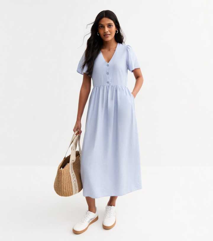 Light Blue Flutter Sleeve Button Front Midi Dress | New Look Light Blue Flutter Sleeve Button Front Midi Dress | New Look