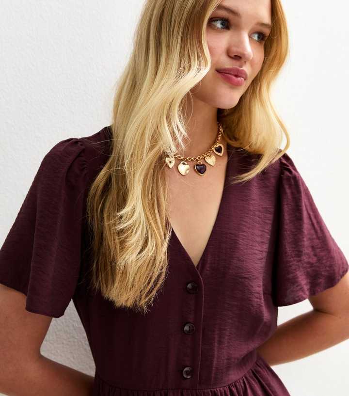 Burgundy Flutter Sleeve Button Front Midi Dress | New Look