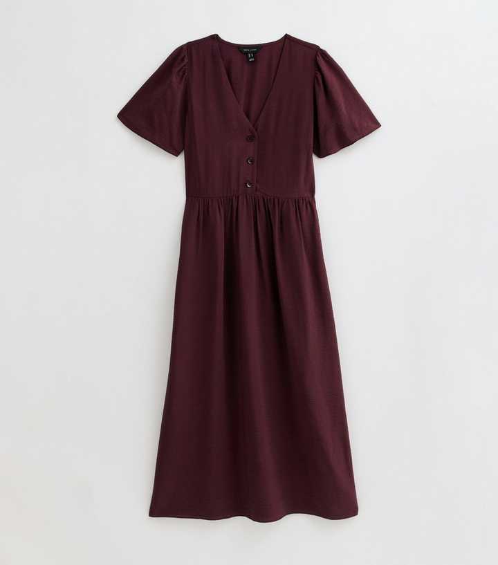 Burgundy Flutter Sleeve Button Front Midi Dress | New Look
