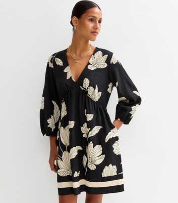 Black Floral Print Mini Smock Dress