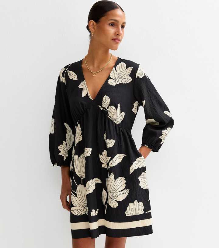 Black Floral Print Mini Smock Dress