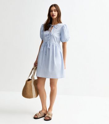 Light Blue Tie Front Bow Detail Mini Dress