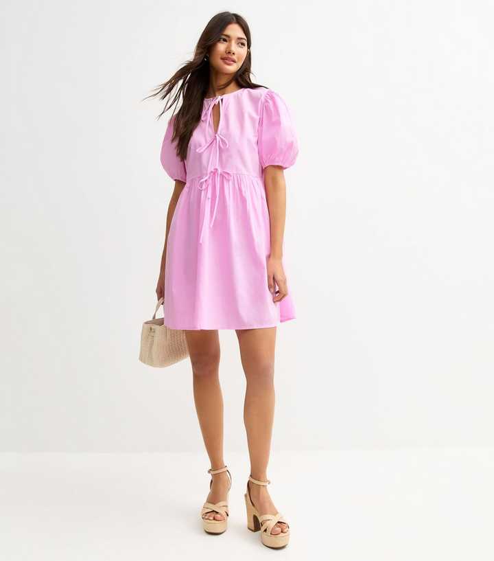 Light Pink Tie Front Bow Detail Mini Dress