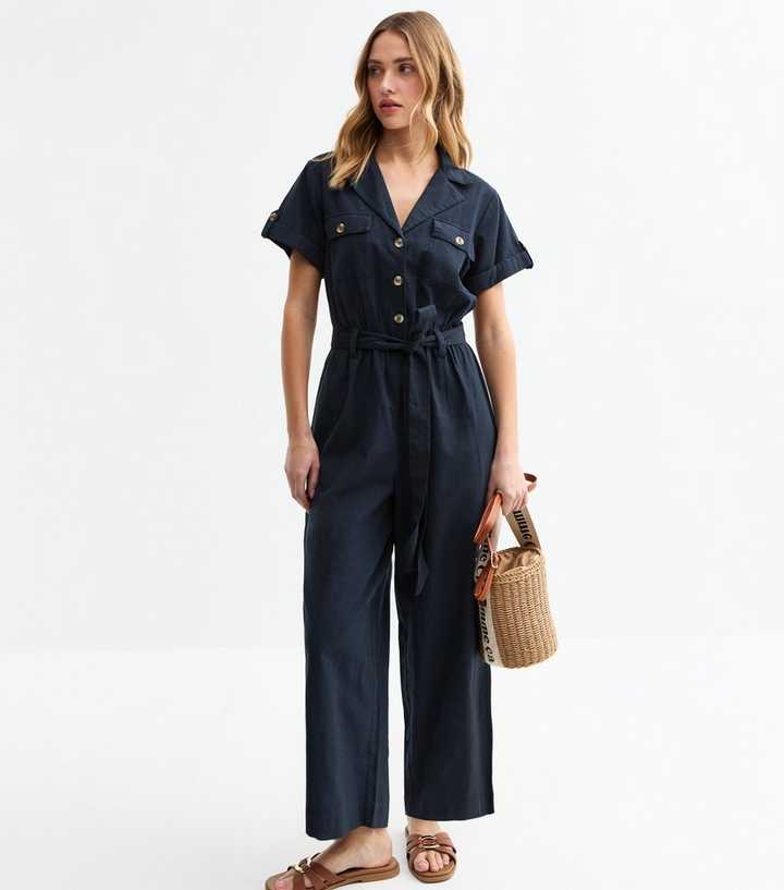 Navy Short Sleeve Belted Jumpsuit