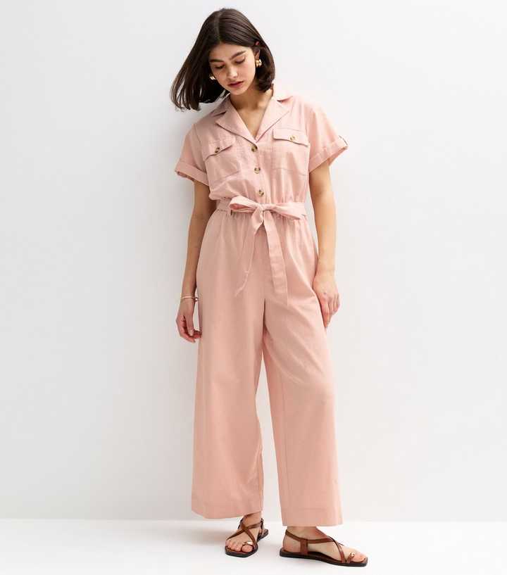 Pink Short Sleeve Belted Jumpsuit