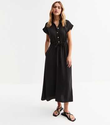 Black Drawstring Waist Textured Midi Dress