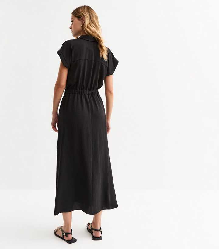 Black Drawstring Waist Textured Midi Dress | New Look Black Drawstring Waist Textured Midi Dress | New Look