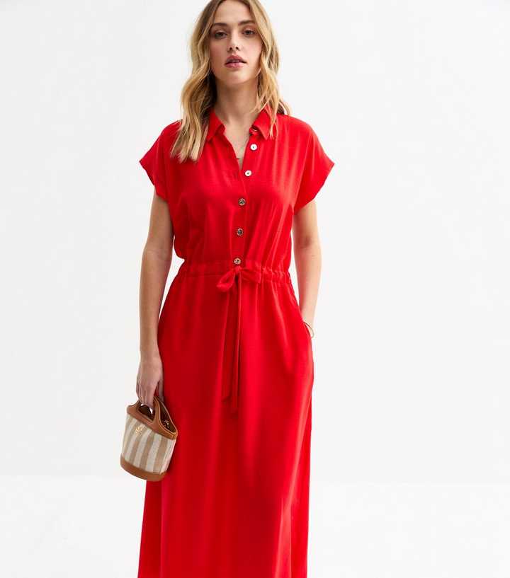 Red Drawstring Waist Textured Midi Dress