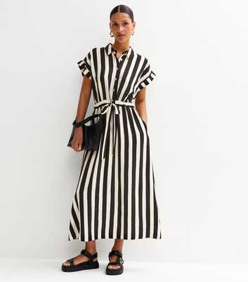 White Stripe Print Tie Front Shirt Dress
