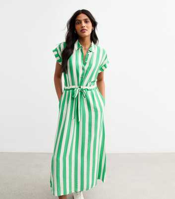 Green Stripe Print Tie Front Shirt Dress