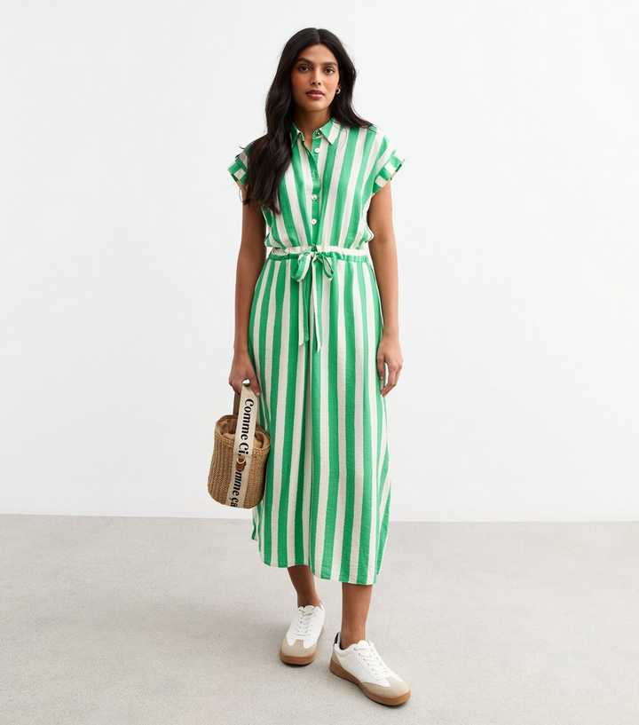 green floral maxi dress FARM Rio Green Striped 3d Monstera Leaf Euroflax Premium Linen Midi Dress, Green / XXS main image 0