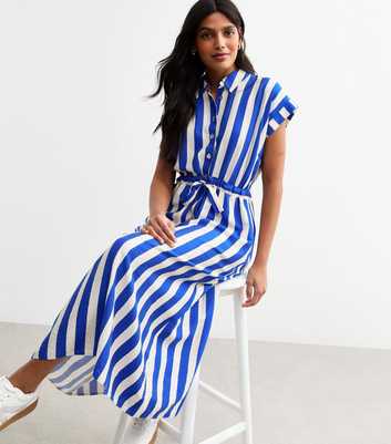 Blue Stripe Print Tie Front Shirt Dress