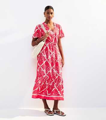 Pink Tile Print Drawstring Midi Shirt Dress