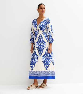 Off White Paisley Print V-Neck Smock Midi Dress