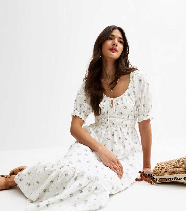 White Floral Print Milkmaid Midi Dress