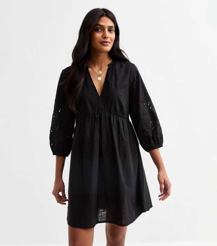 Black Broderie Sleeve Smock Mini Dress