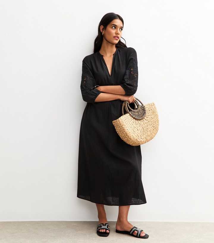 Black Broderie Anglaise Sleeve Smock Midi Dress