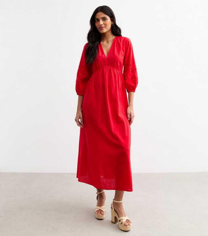 Red Broderie Anglaise Sleeve Smock Midi Dress