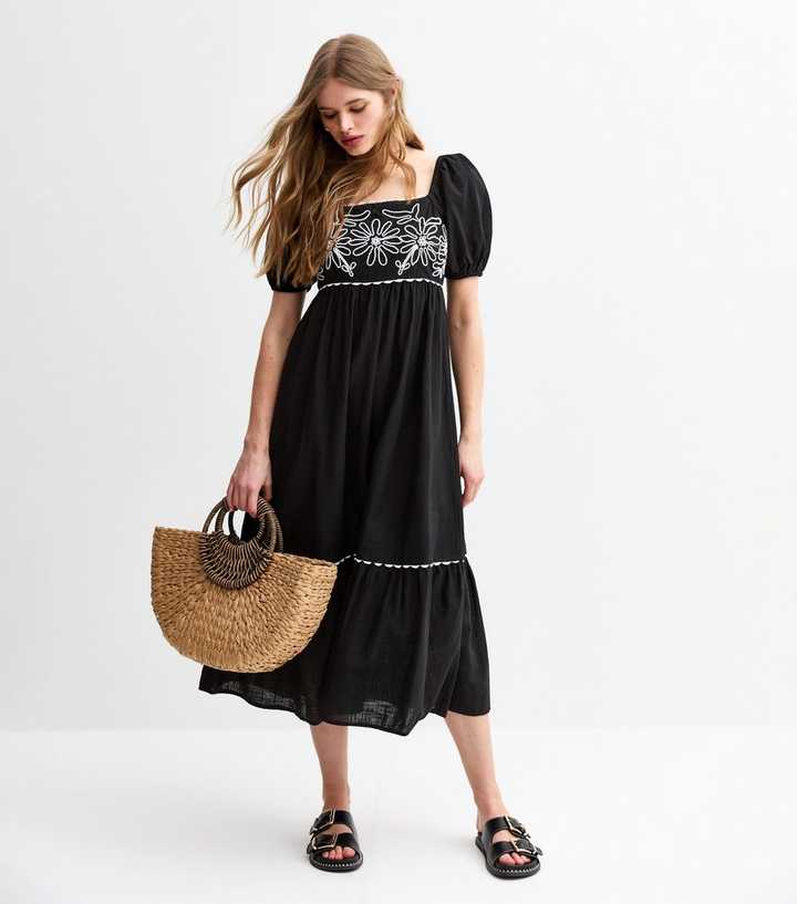 Black Floral Embroidered Midi Smock Dress