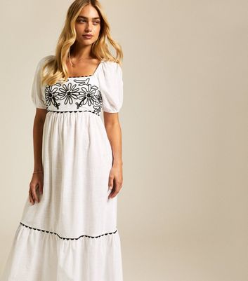 White Floral Embroidered Smock Midi Dress New Look