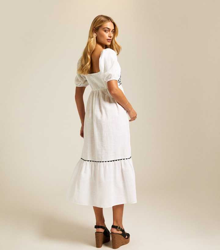 White Floral Embroidered Smock Midi Dress | New Look