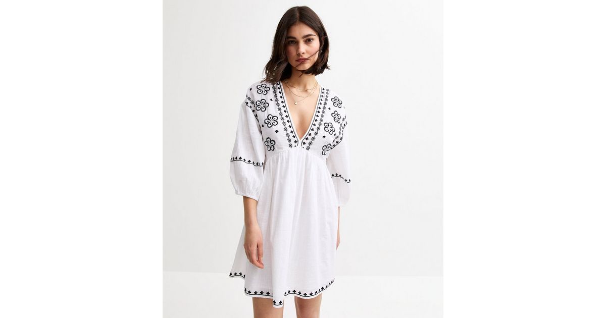 White Floral Embroidered Smock Mini Dress | New Look