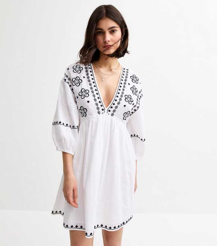 White Floral Embroidered Smock Mini Dress