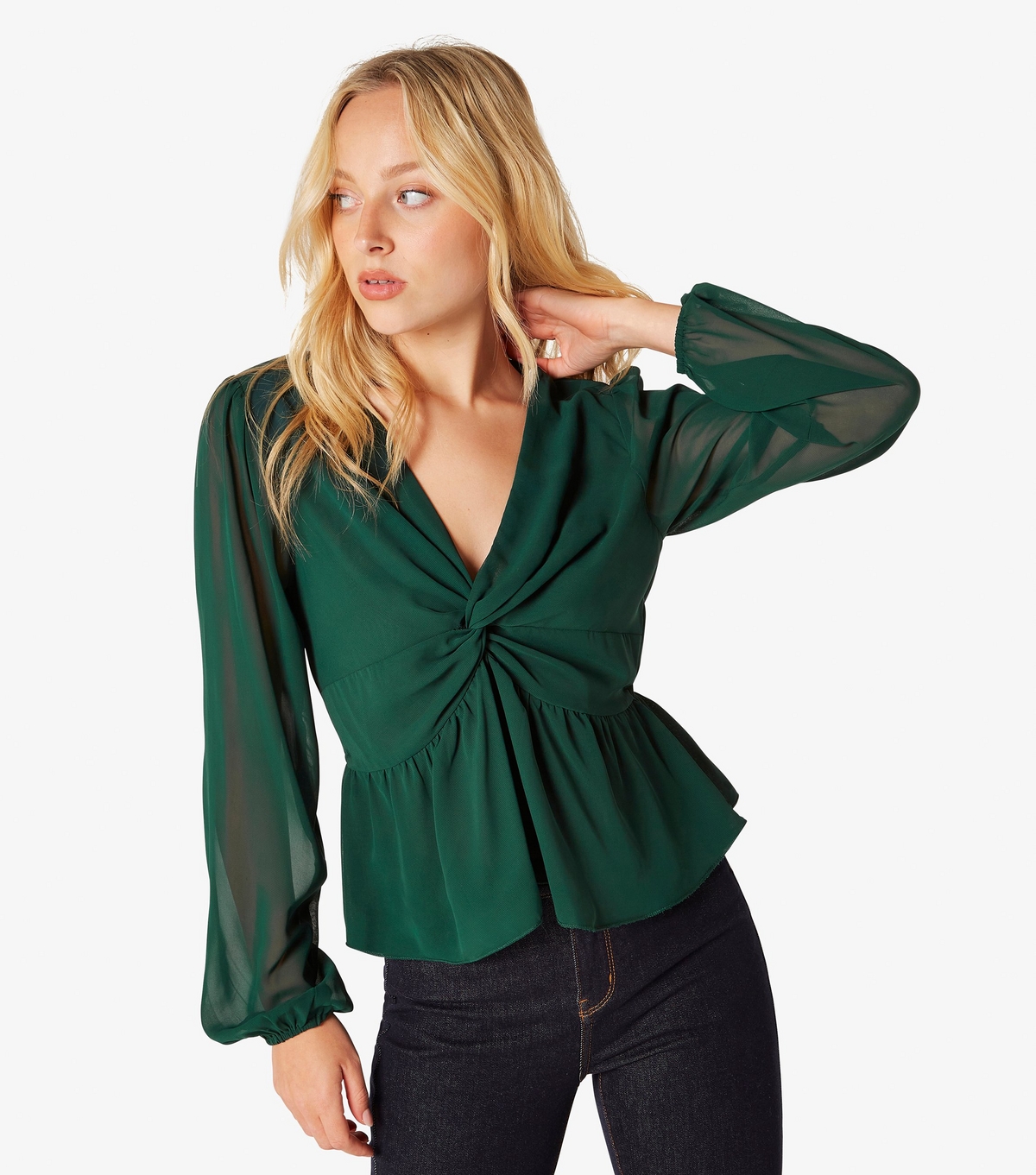 Women's Green Chiffon Twist Long Sleeve Top Apricot New Look