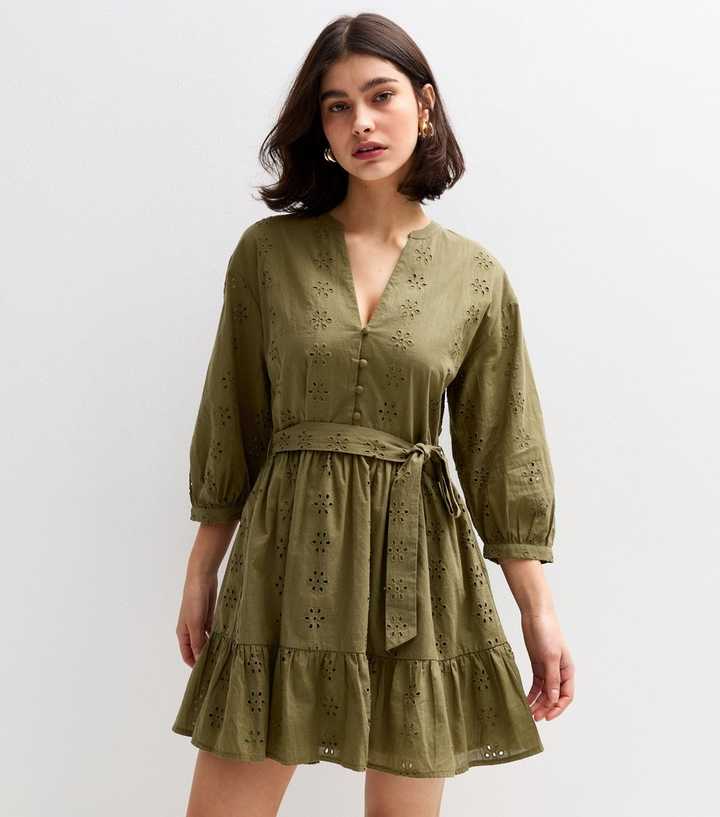 Khaki Broderie Angalise Mini Dress