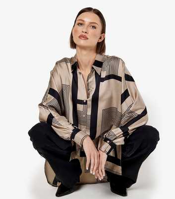 Apricot Brown Geometric Satin Oversized Shirt 