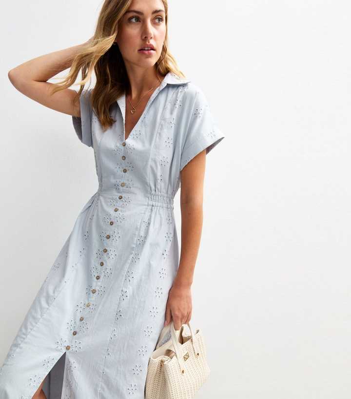 Light Blue Broderie Anglaise V-Neck Midi Shirt Dress | New Look
