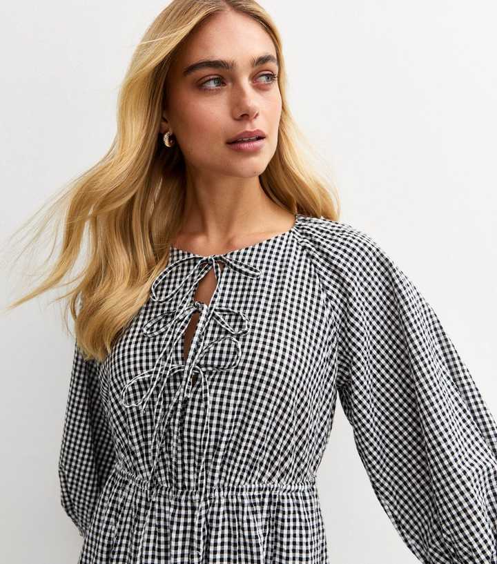 new look gingham midi dress Black Gingham Crinkled Texture Collared Puff Sleeve Midi Dress