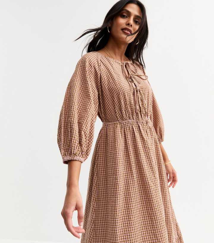 Khaki Checked Midi Smock Dress