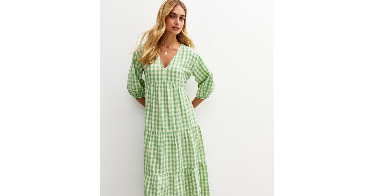 Green Gingham Check Smock Midi Dress | New Look Green Gingham Check Smock Midi Dress | New Look