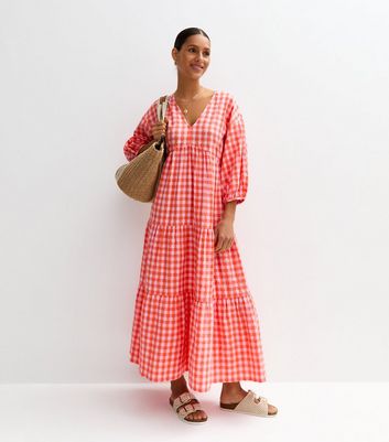 Pink Gingham Check Tiered Midi Dress | New Look