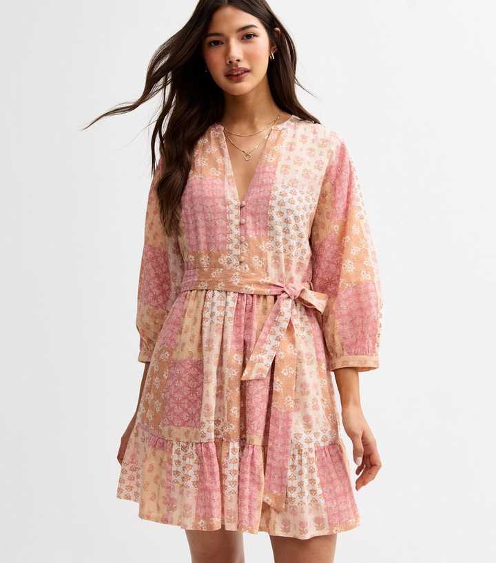 Pink Floral Print Tiered Hem Mini Dress