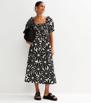 Black Daisy Print Midi Dress | New Look
