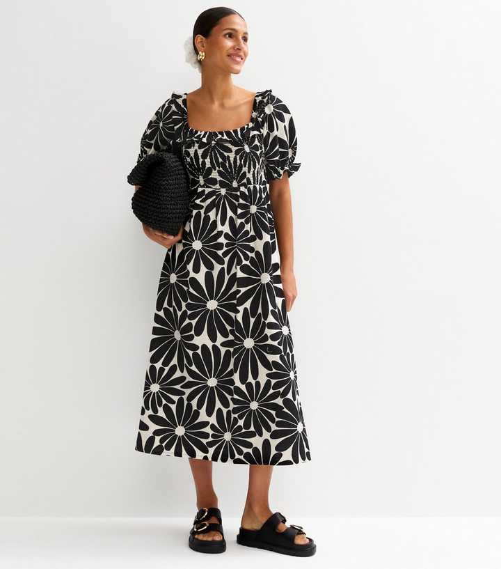 Black Daisy Print Midi Dress