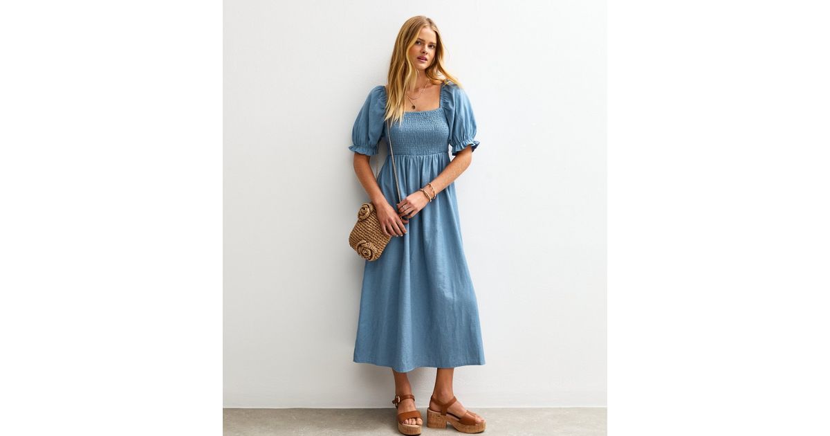 Norah Puff Sleeves Denim Cotton Midi Dress in Blue