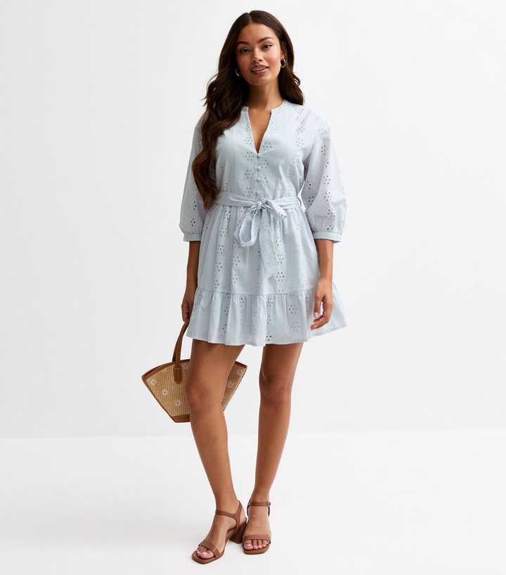 Petite Light Blue Broderie Anglaise Tiered Hem Mini Dress